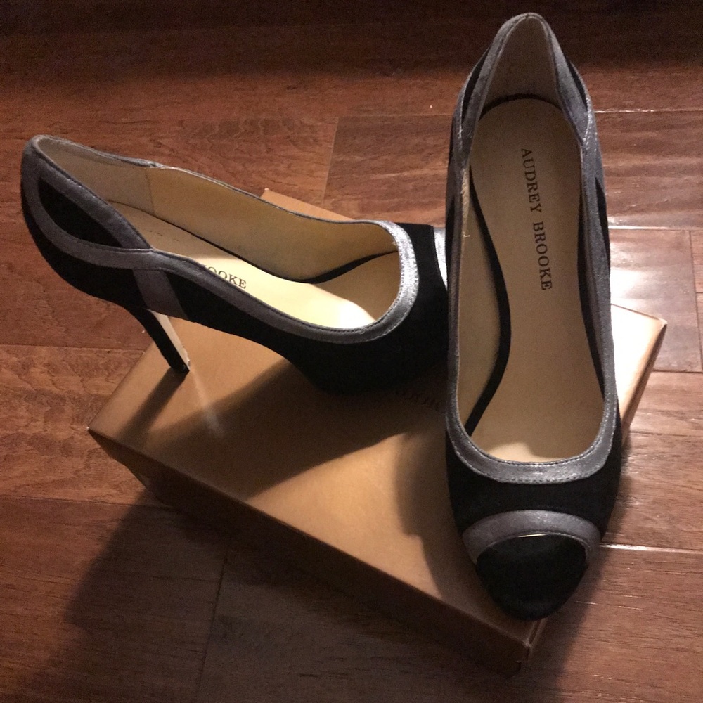Audrey Brooke black and silver suede heel